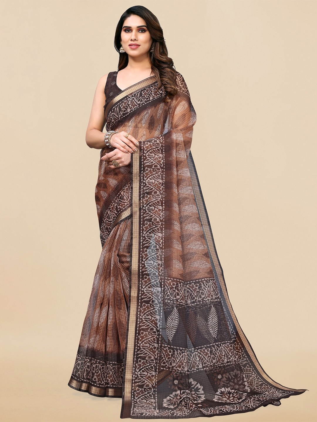 

MIRCHI FASHION Brown & White Floral Zari Saree