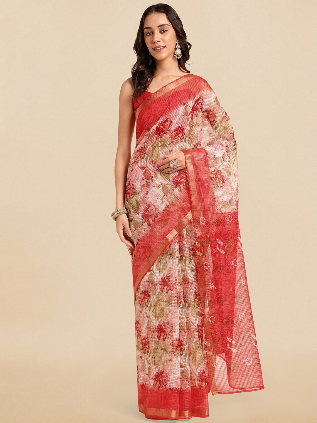 

MIRCHI FASHION Off White & Red Floral Printed Zari Kota Saree