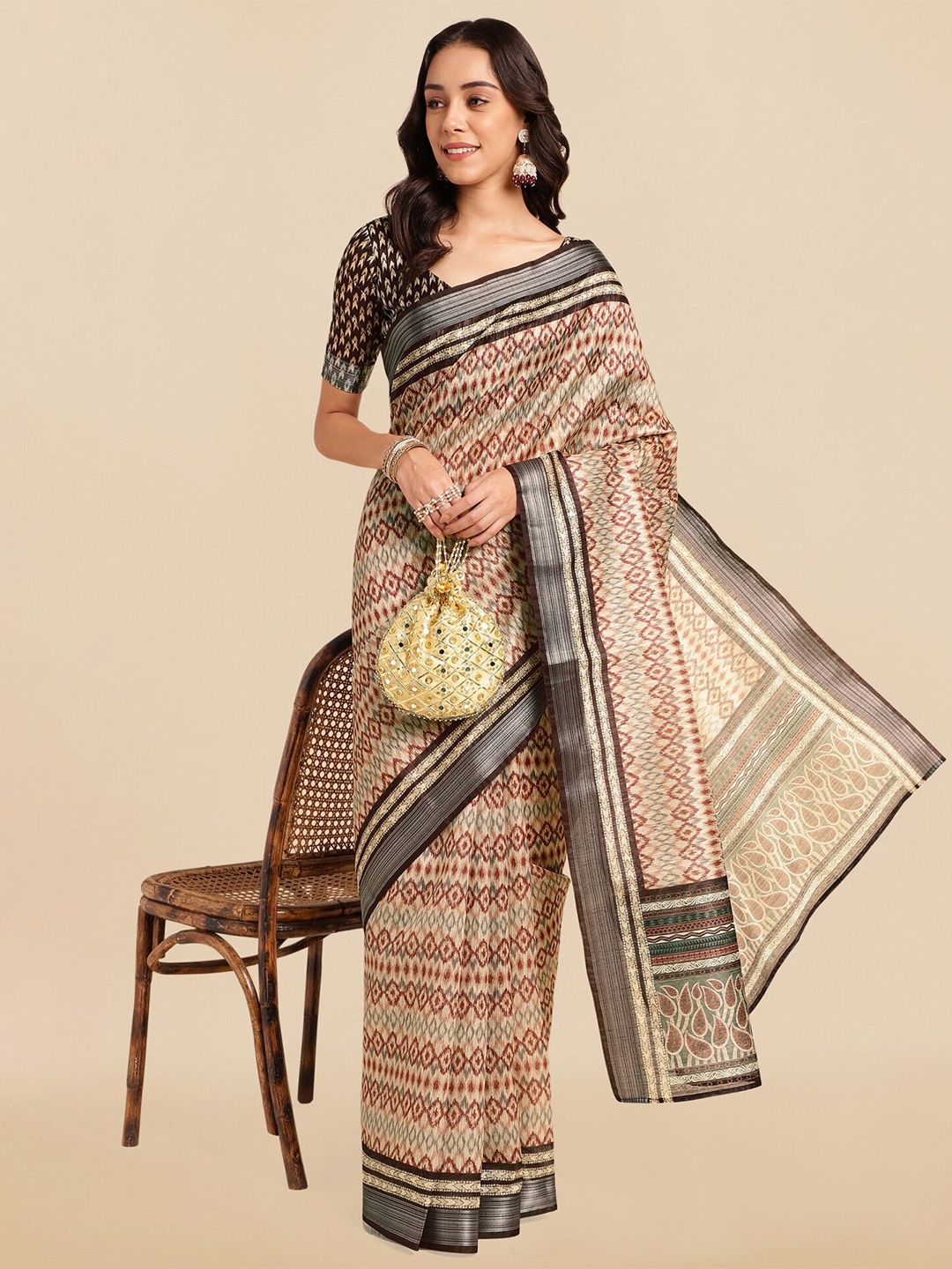 

MIRCHI FASHION Ethnic Motifs Zari Ikat Saree, Cream