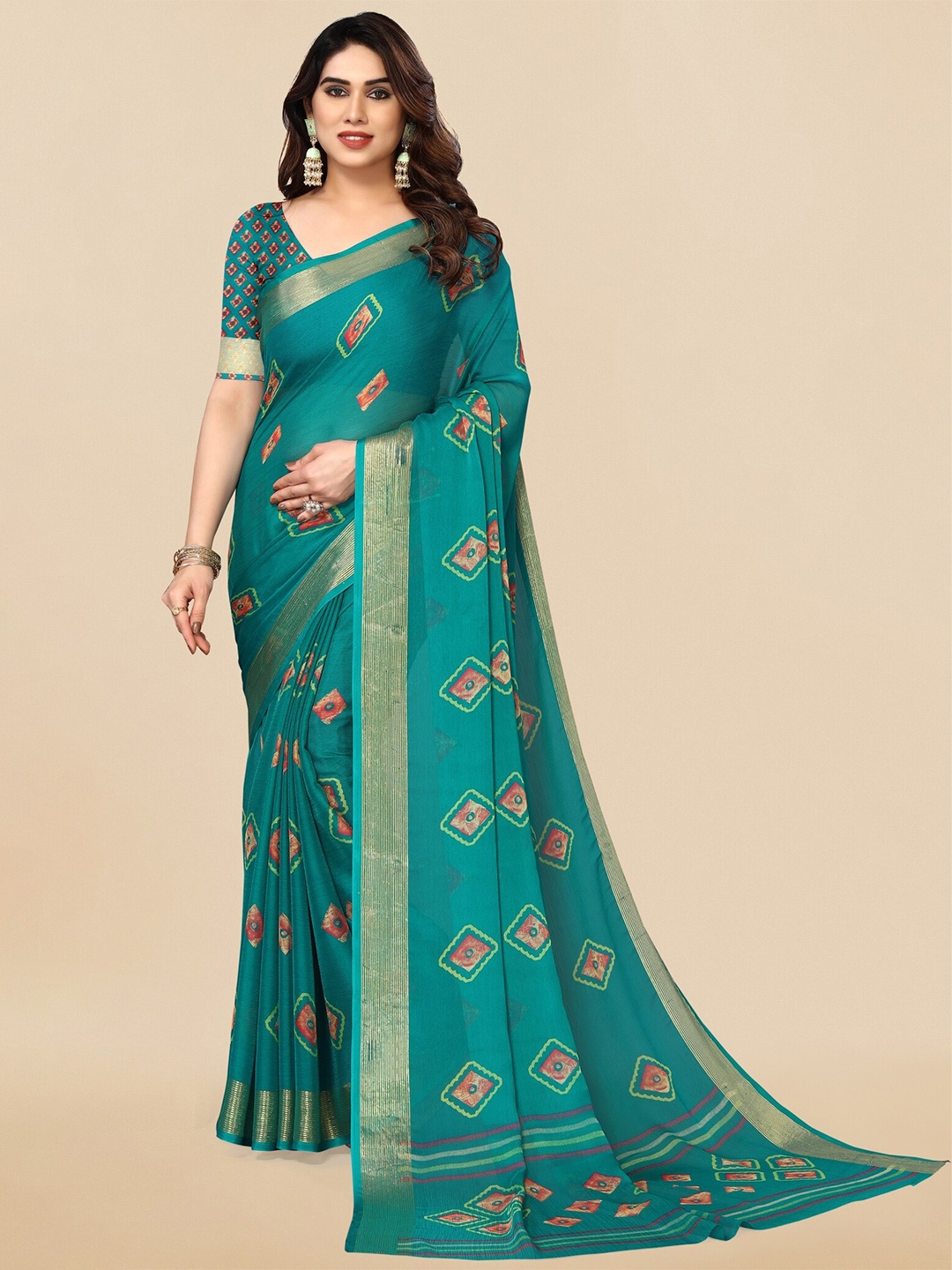 

MIRCHI FASHION Ethnic Motifs Zari Poly Chiffon Block Print Saree, Teal