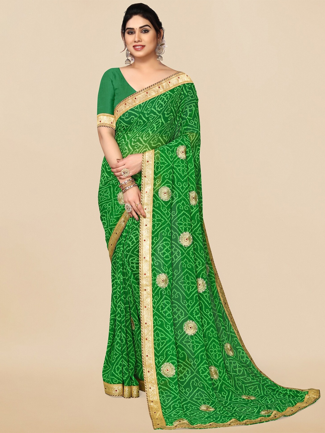 

MIRCHI FASHION Printed Beads And Stones Bandhani Saree, Green