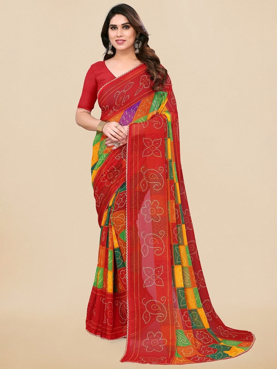 

MIRCHI FASHION Red & Green Bandhani Printed Beads and Stones Saree
