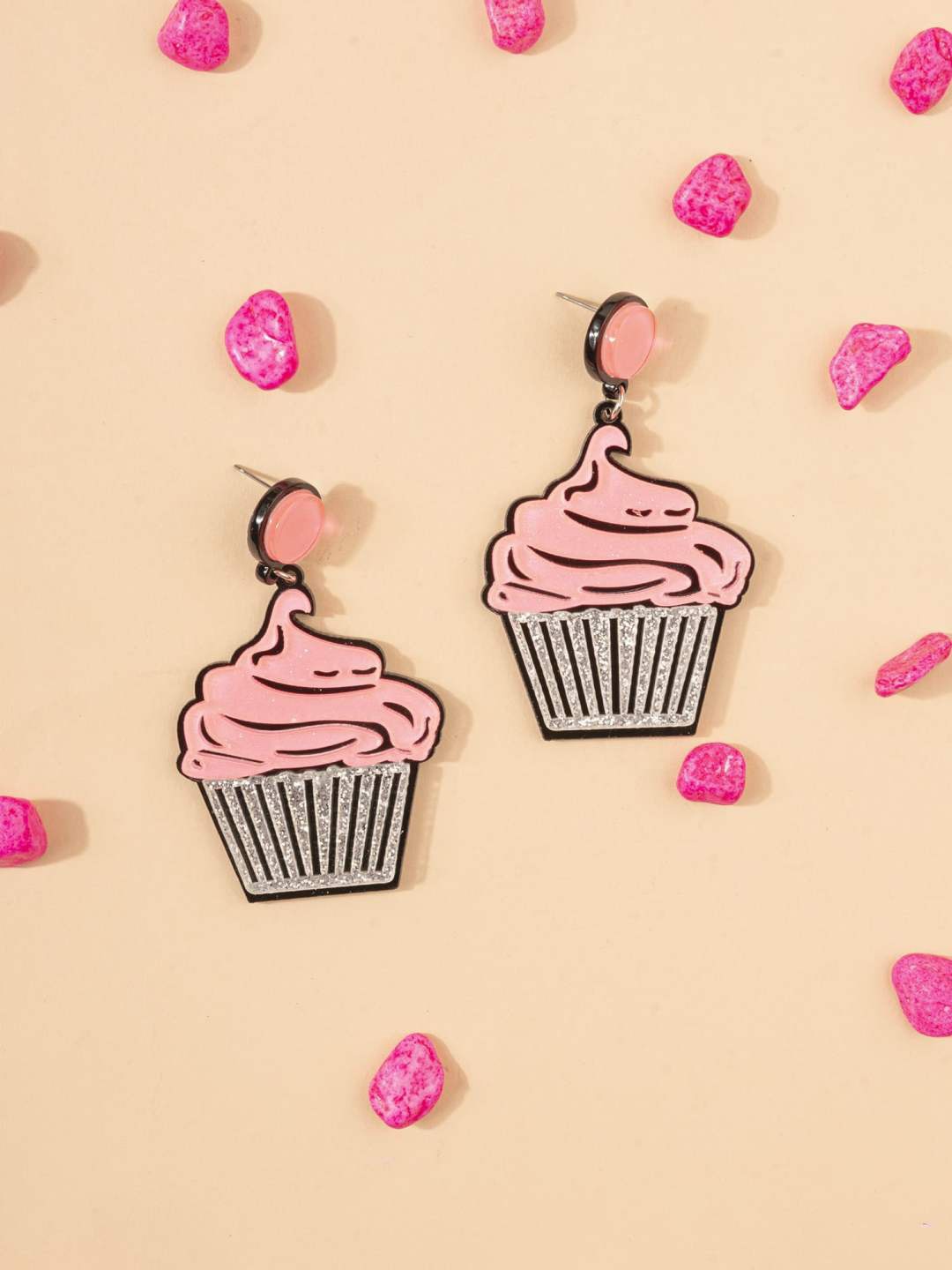 

Crunchy Fashion Cupcake Dangle Quirky Drop Earrings, Pink