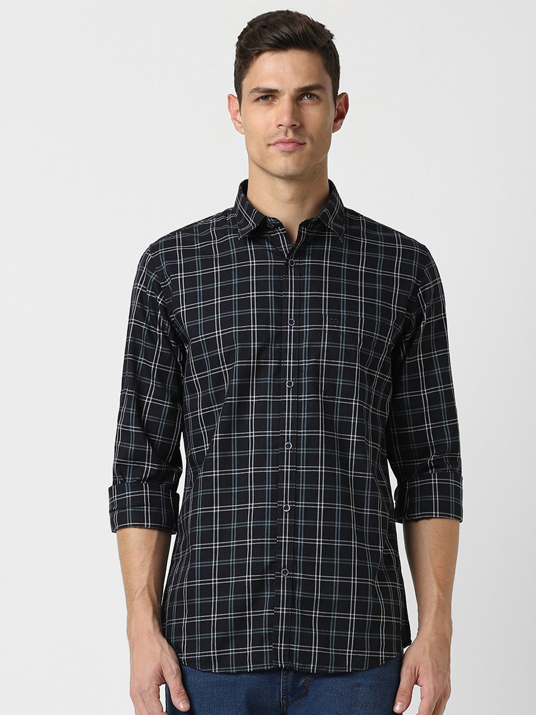 

Peter England Casuals Slim Fit Tartan Checks Pure Cotton Casual Shirt, Black
