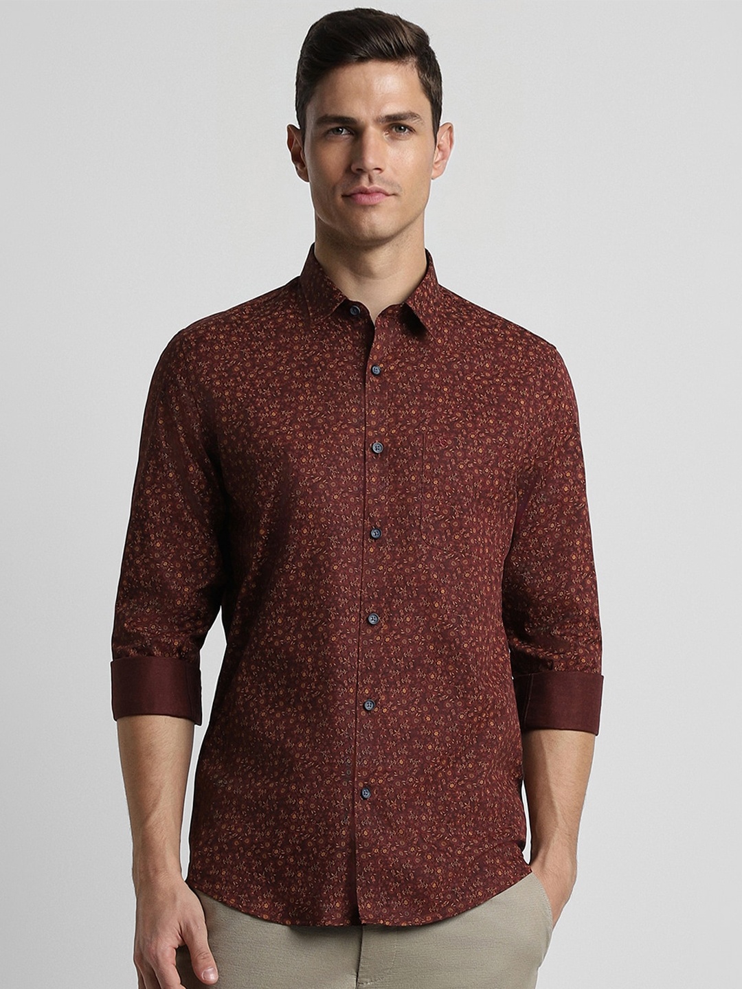 

Peter England Casuals Slim Fit Floral Printed Casual Pure Cotton Shirt, Maroon