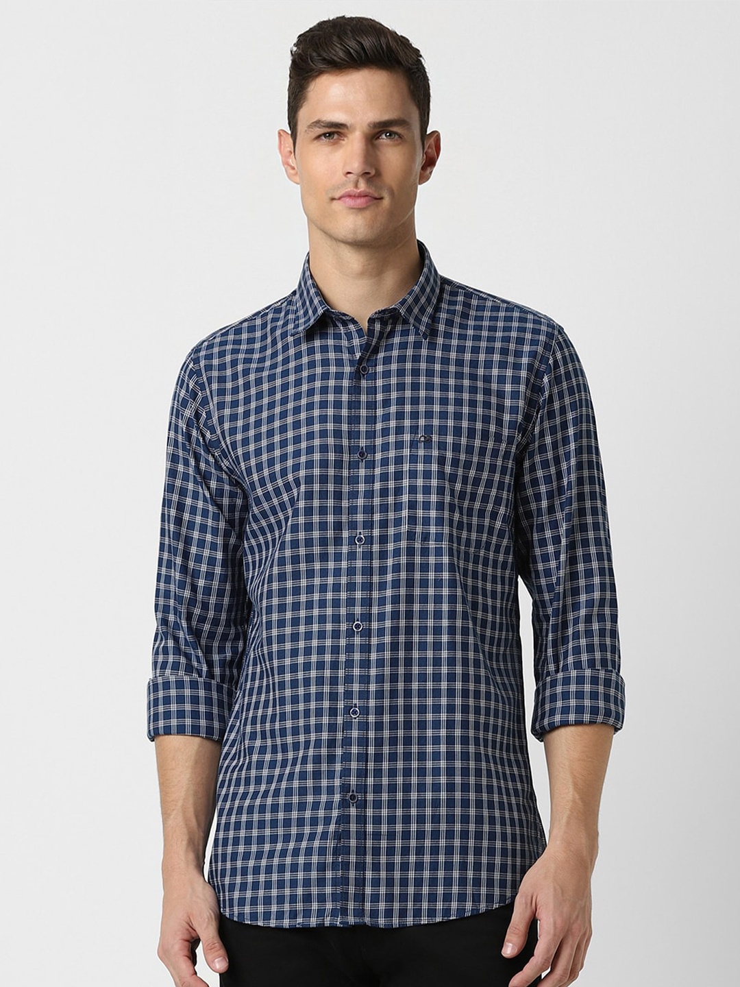 

Peter England Casuals Slim Fit Micro Checked Pure Cotton Casual Shirt, Navy blue