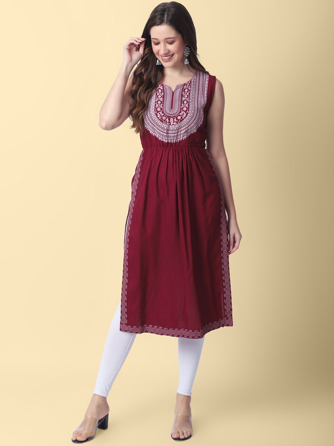 

KALINI Ethnic Motifs Printed Round Neck Sleeveless A-Line Kurta, Maroon