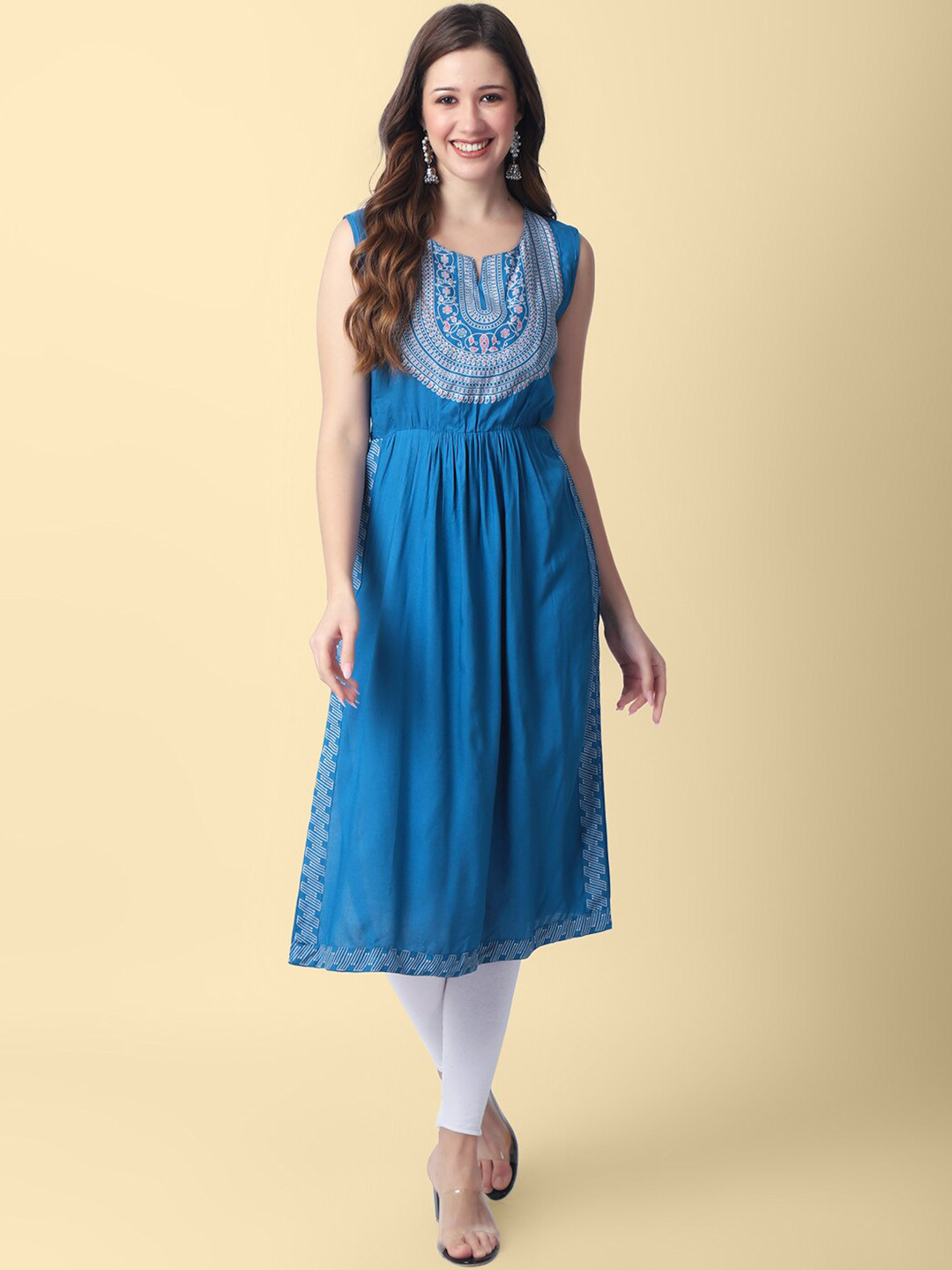 

KALINI Ethnic Motifs Printed Round Neck Sleeveless A-Line Kurta, Turquoise blue