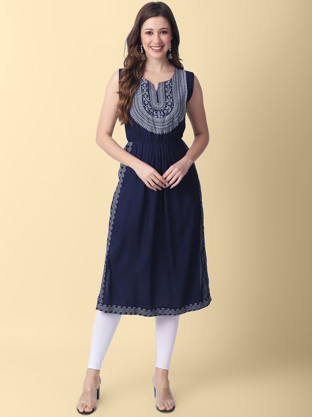 

KALINI Ethnic Motifs Printed Round Neck Sleeveless A-Line Kurta, Blue