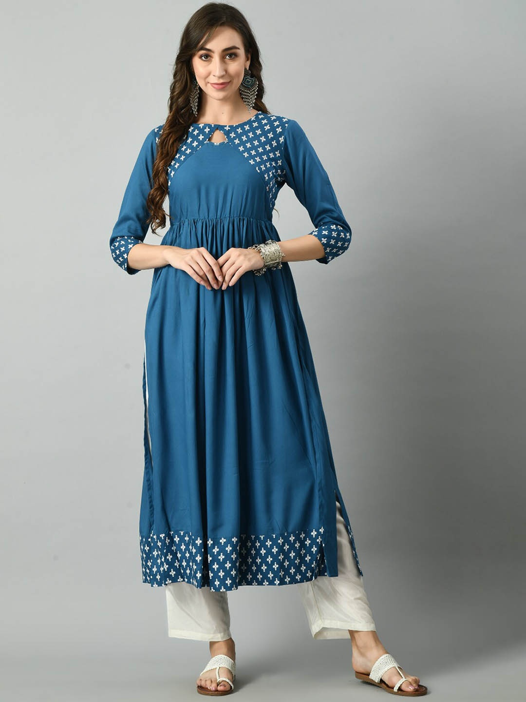 

KALINI Geometric Printed Round Neck A-Line Kurta, Turquoise blue