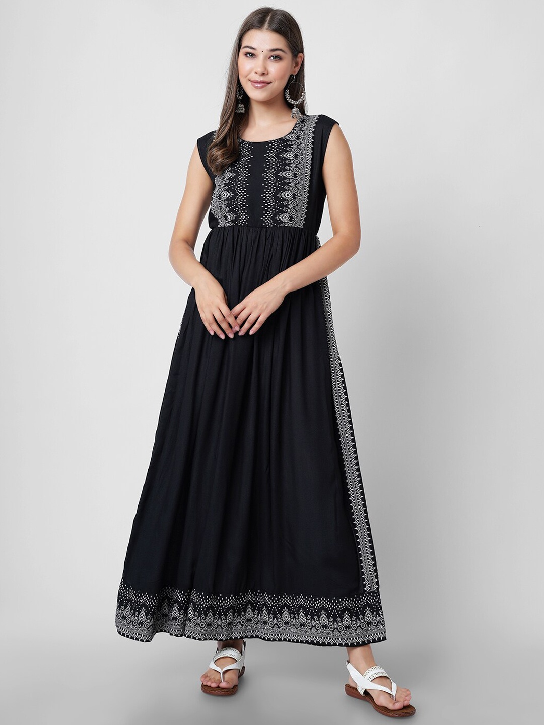 

KALINI Ethnic Motifs Printed Pleated A-line Kurta, Black