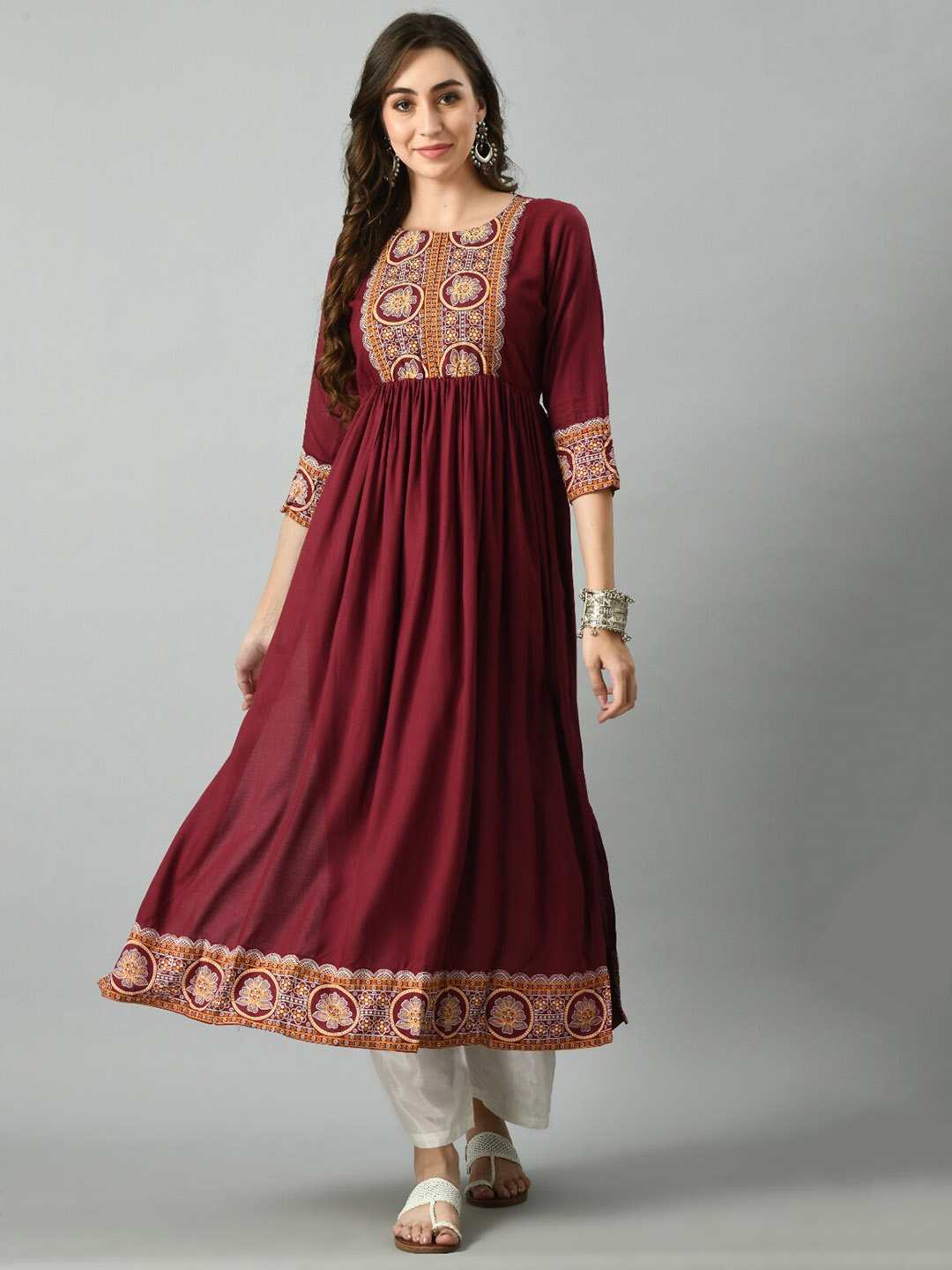 

KALINI Ethnic Motifs Yoke Design Printed Pleated A-line Kurta, Burgundy