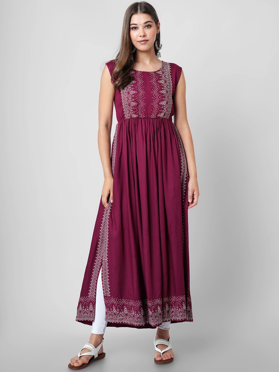 KALINI Ethnic Motifs Printed Pleated A-line Kurta, Burgundy