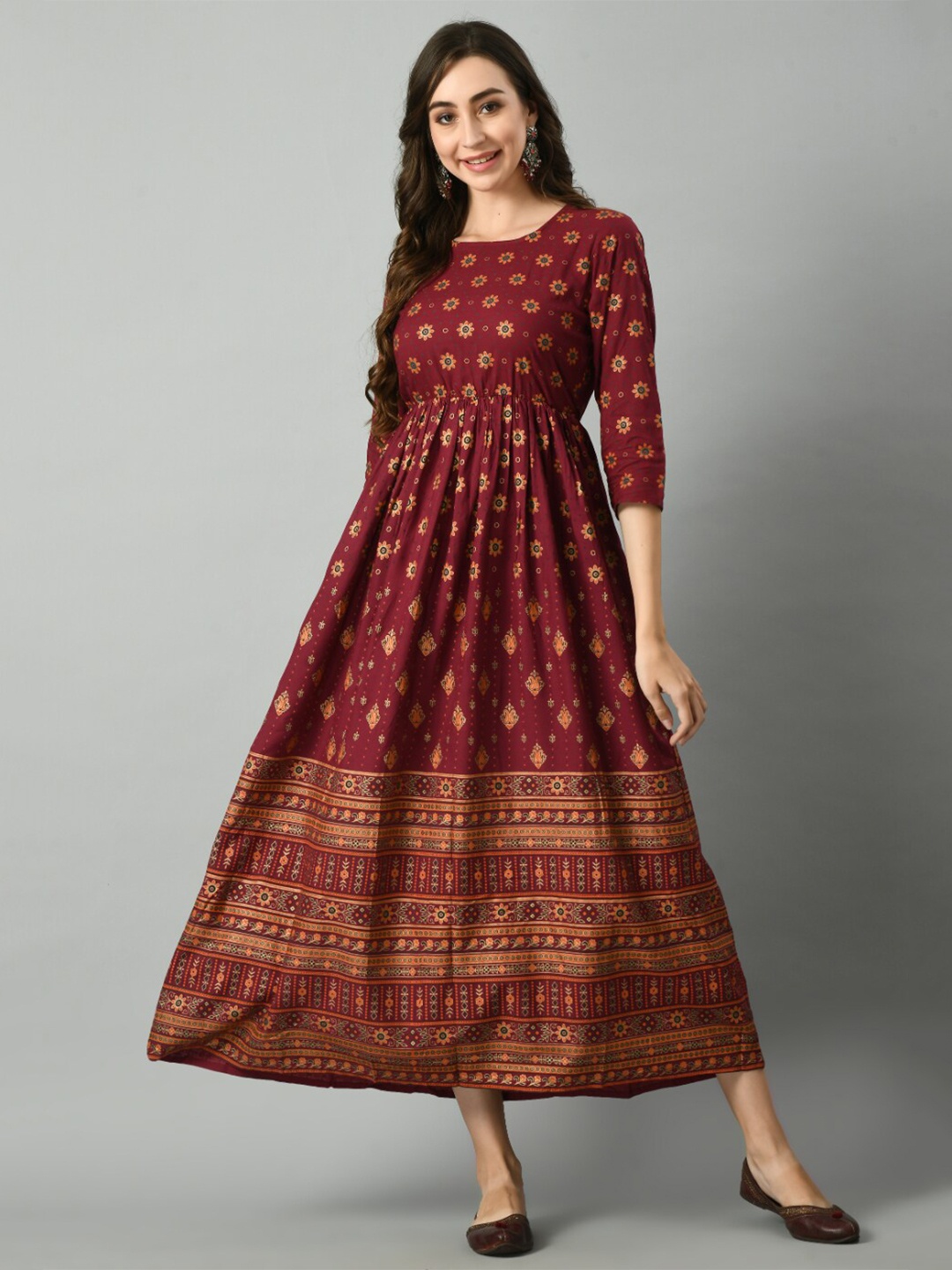 

KALINI Floral Printed Round Neck Gathered Fit & Flare Maxi Ethnic Dress, Maroon