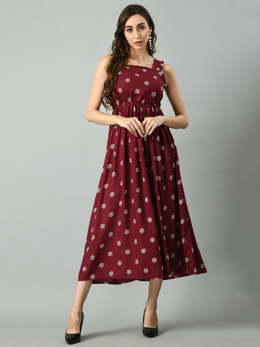 

KALINI Floral Printed Square Neck Sleeveless Gathered A-Line Midi Dress, Maroon
