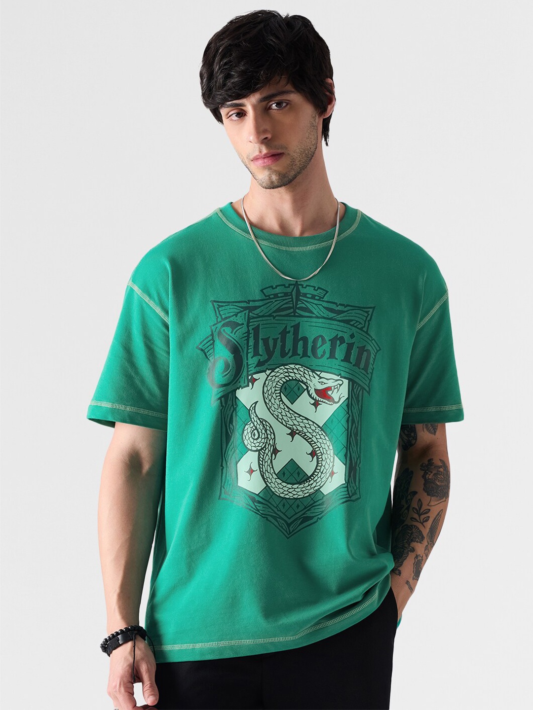 

The Souled Store Harry Potter Slytherin Gang Printed Oversized Pure Cotton T-shirt, Green