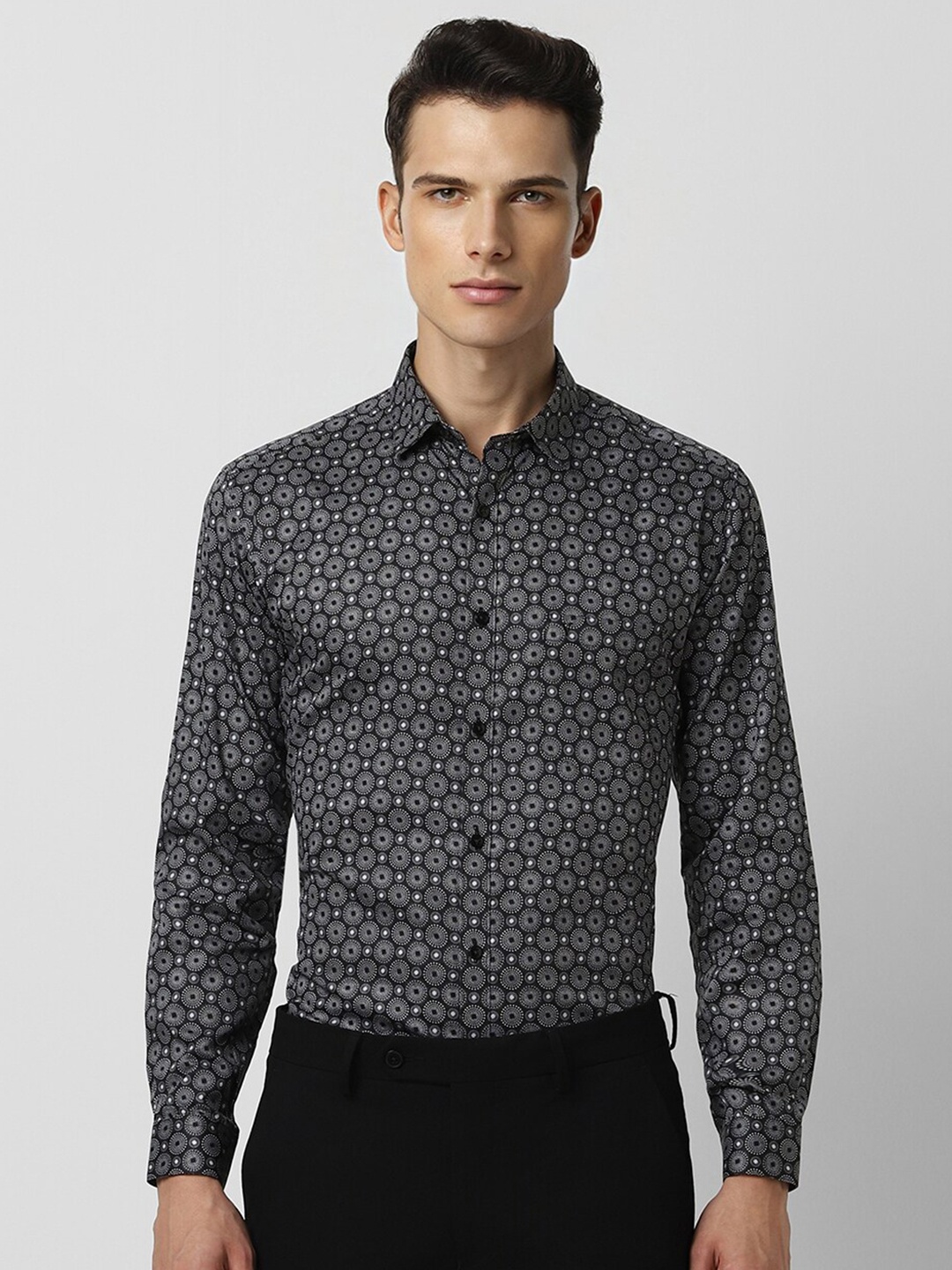 

V Dot Slim Fit Geometric Printed Pure Cotton Party Shirt, Black