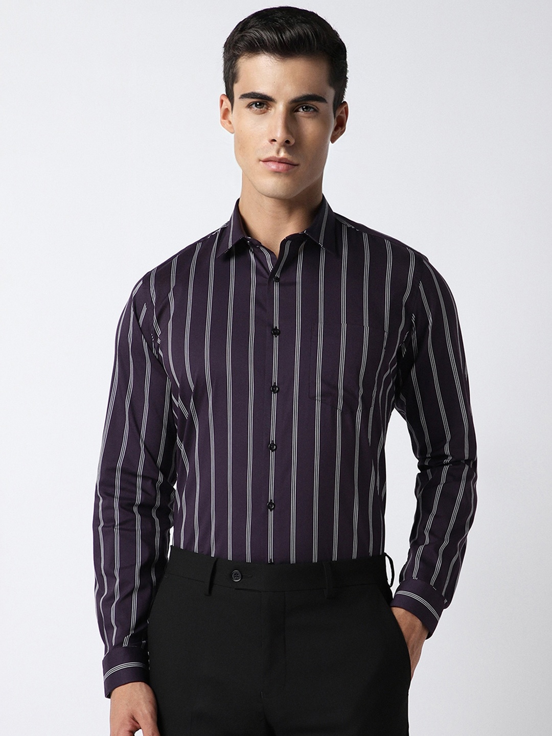 

Van Heusen Men Purple Slim Fit Opaque Striped Formal Shirt