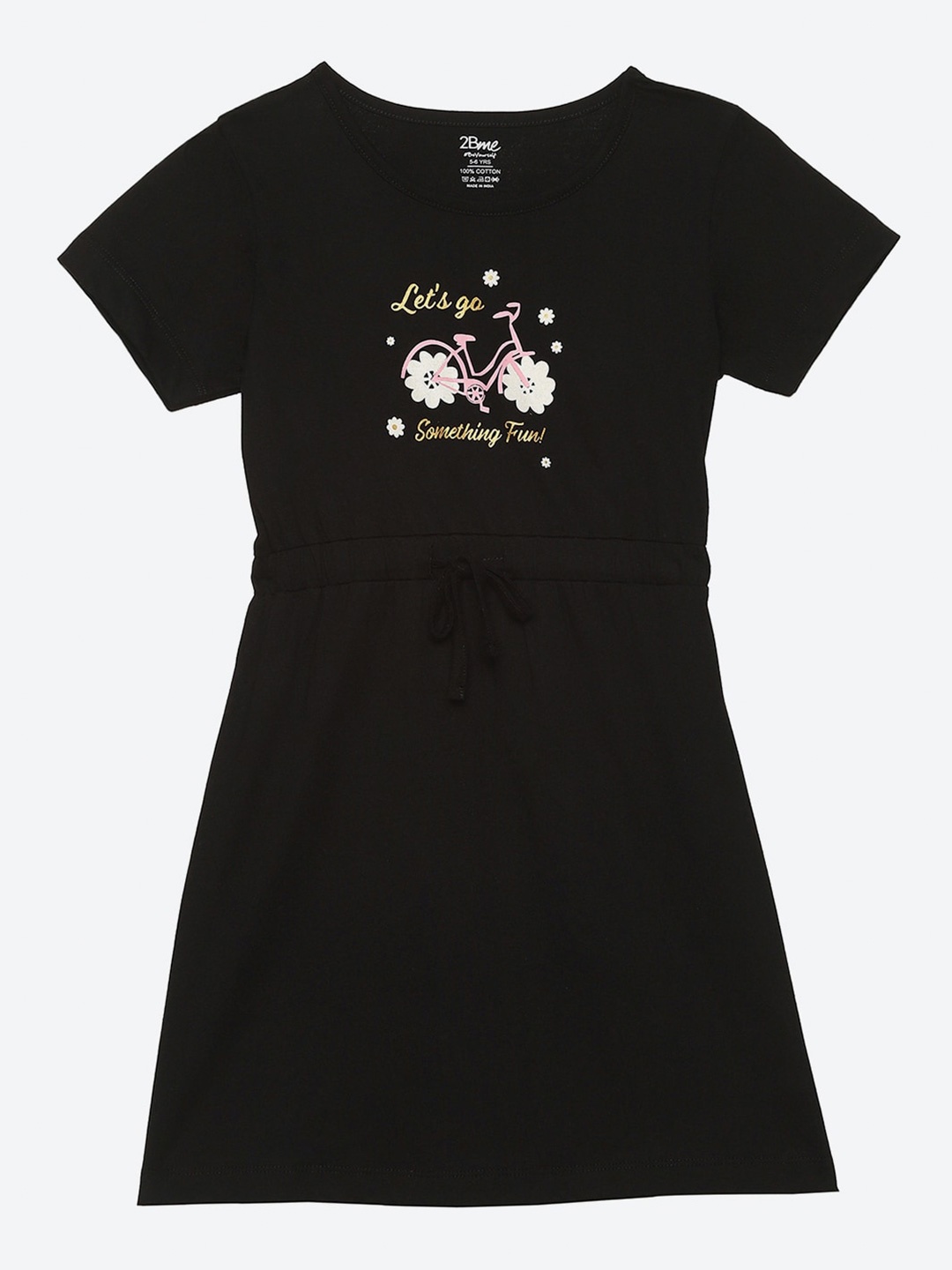 

2Bme Girls Graphic Printed Round Neck Tue-Ups Cotton A-Line Dress, Black