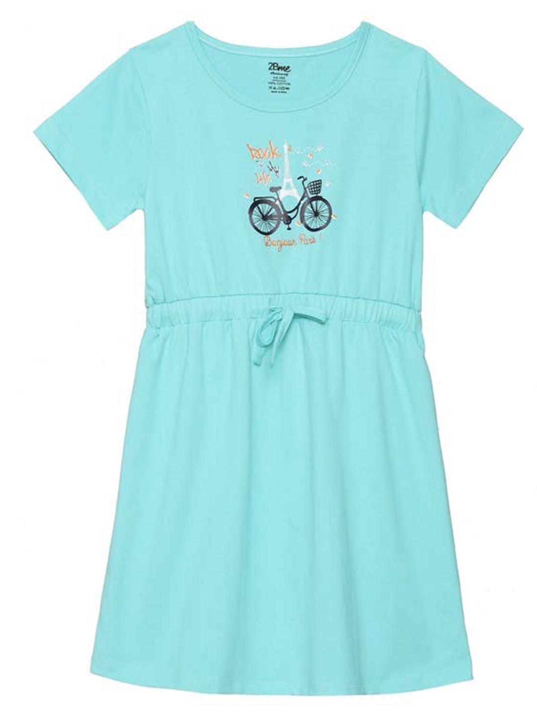 

2Bme Girls Graphic Printed Tie-Ups Cotton Fit & Flare Dress, Green
