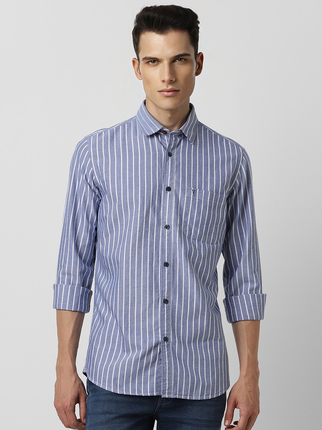 

Van Heusen Sport Slim Fit Pure Cotton Opaque Striped Casual Shirt, Blue