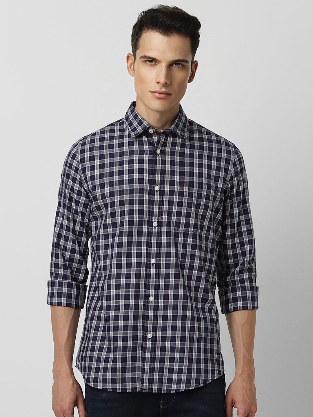 

Van Heusen Sport Slim Fit Checked Pure Cotton Casual Shirt, Navy blue