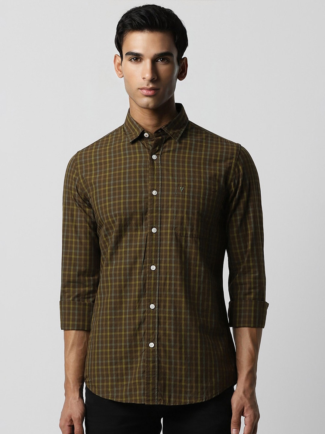 

Van Heusen Sport Slim Fit Checked Pure Cotton Casual Shirt, Olive