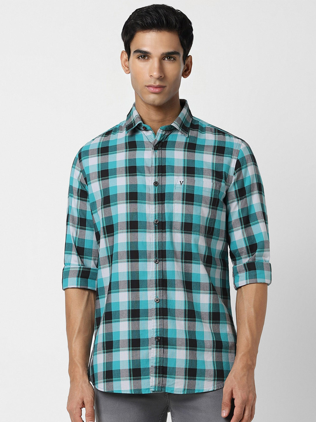 

Van Heusen Sport Slim Fit Checked Pure Cotton Casual Shirt, Green