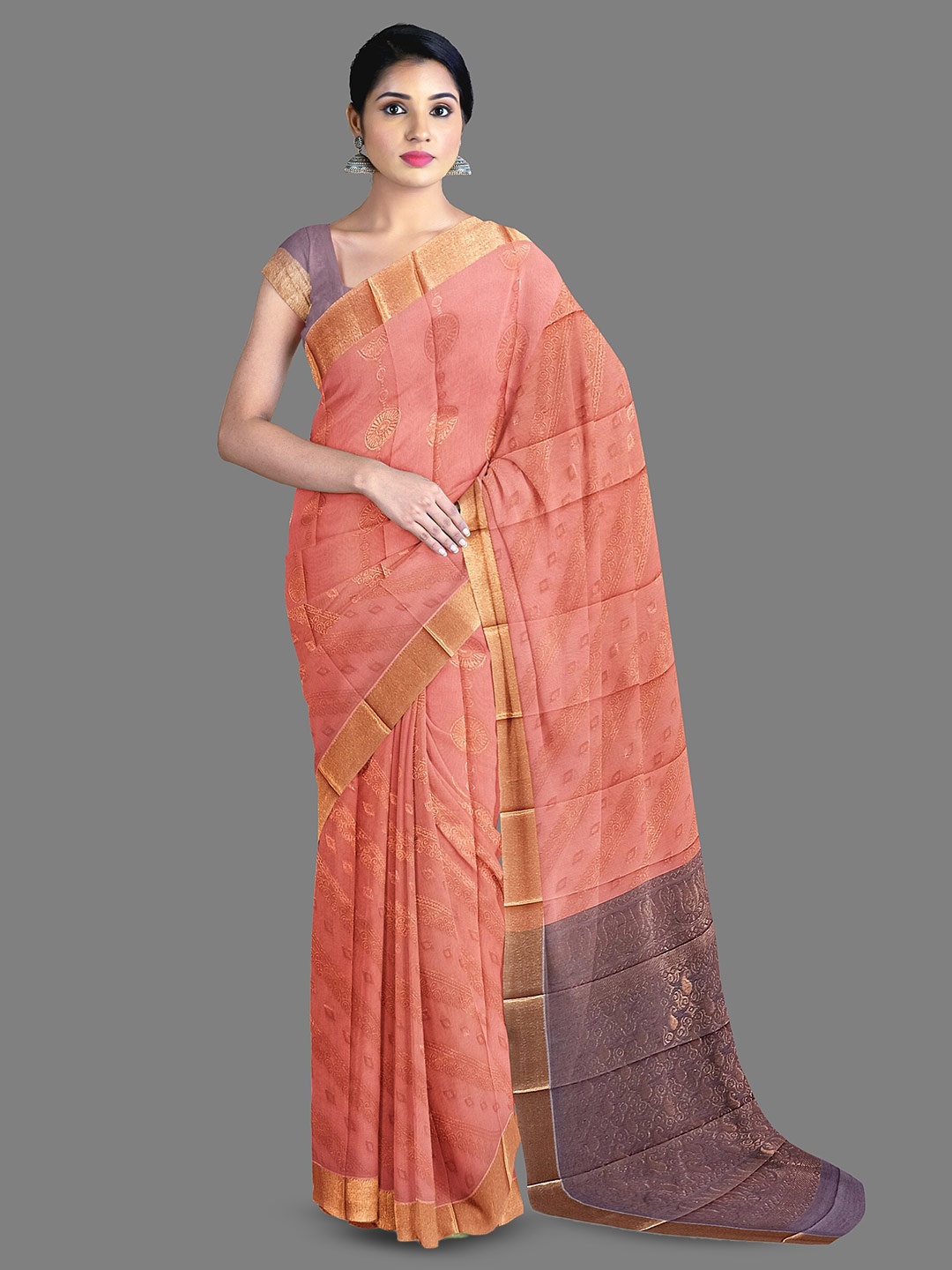 

The Chennai Silks Woven Design Zari Silk Cotton Maheshwari Saree, Peach