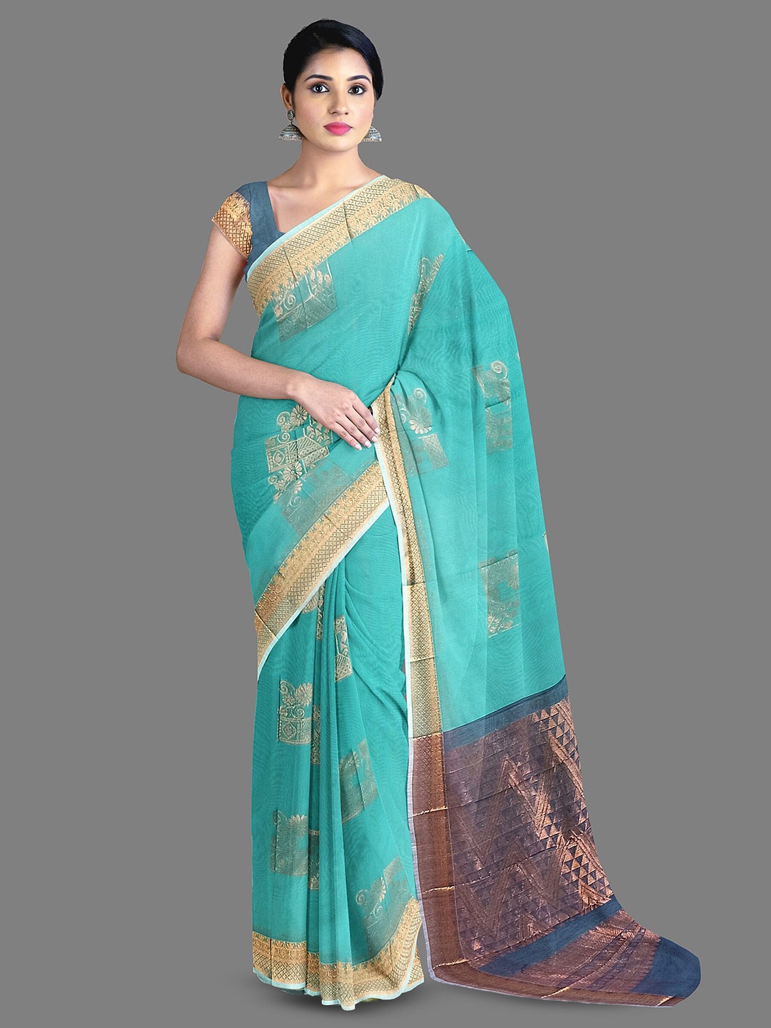 

The Chennai Silks Ethnic Motifs Woven Design Zari Silk Cotton Maheshwari Saree, Green