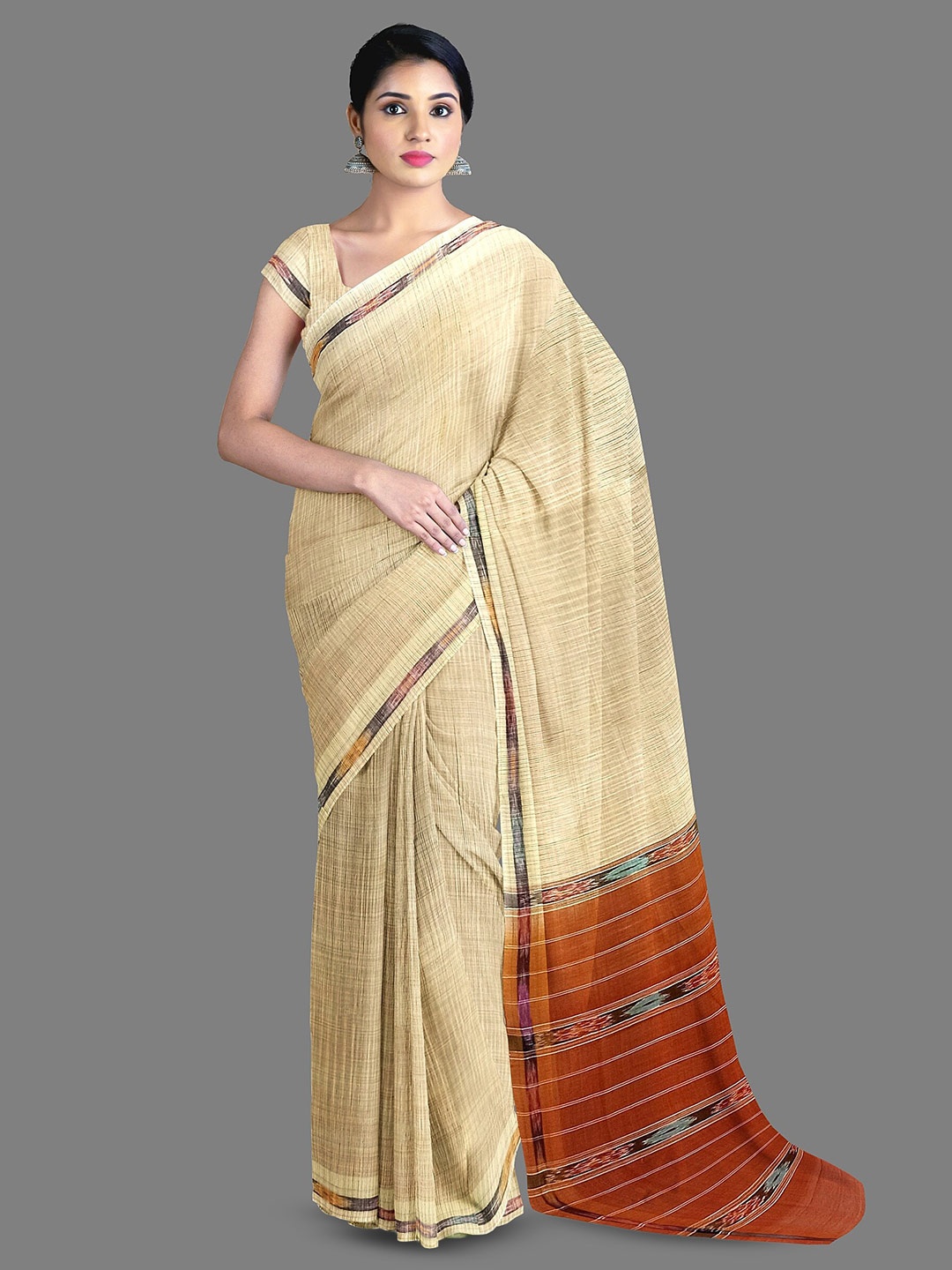 

The Chennai Silks Checked Woven Design Pure Cotton Narayan Peth Saree, Beige