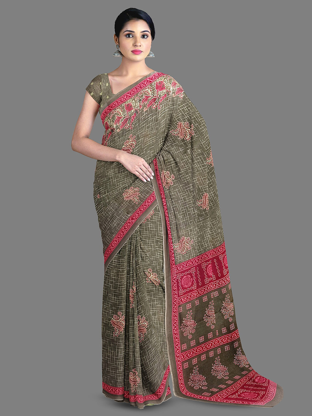 

The Chennai Silks Ethnic Motifs Printed Pure Cotton Saree, Olive