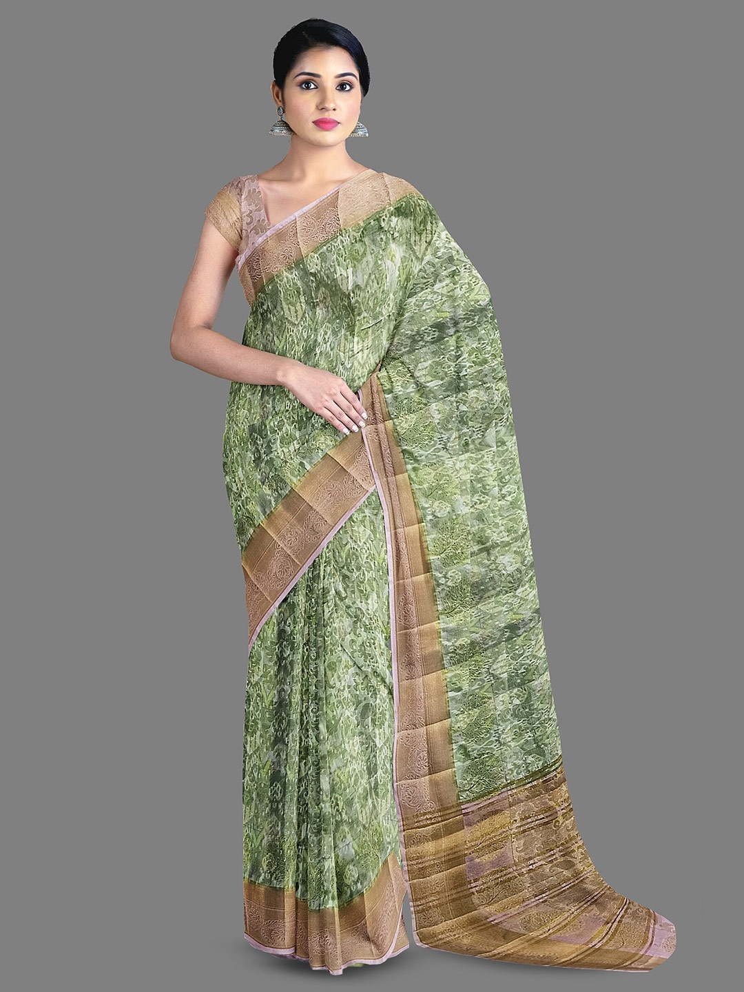 

The Chennai Silks Floral Printed Zari Jute Cotton Saree, Green