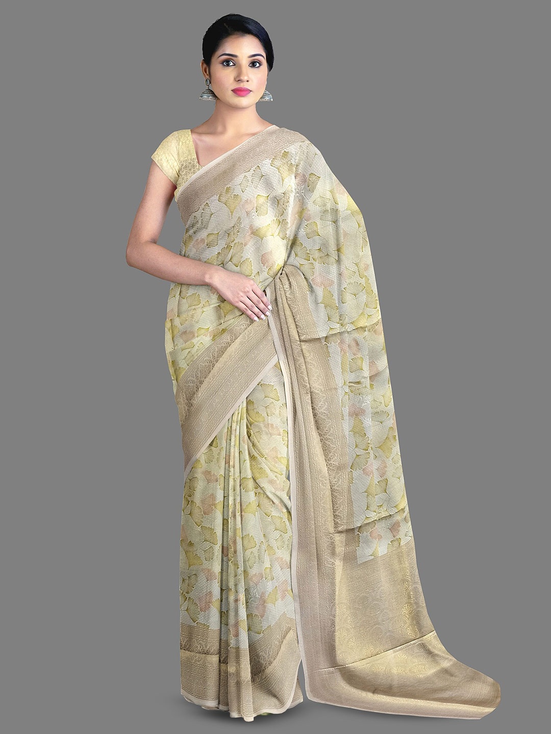 

The Chennai Silks Floral Printed Zari Saree, Cream