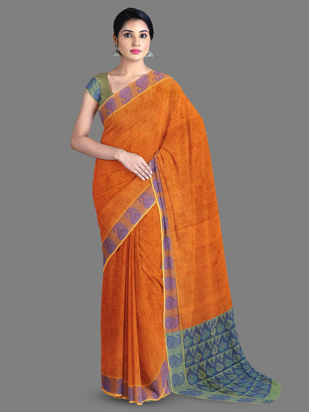 

The Chennai Silks Ethnic Motifs Printed Pure Cotton Kovai Saree, Orange