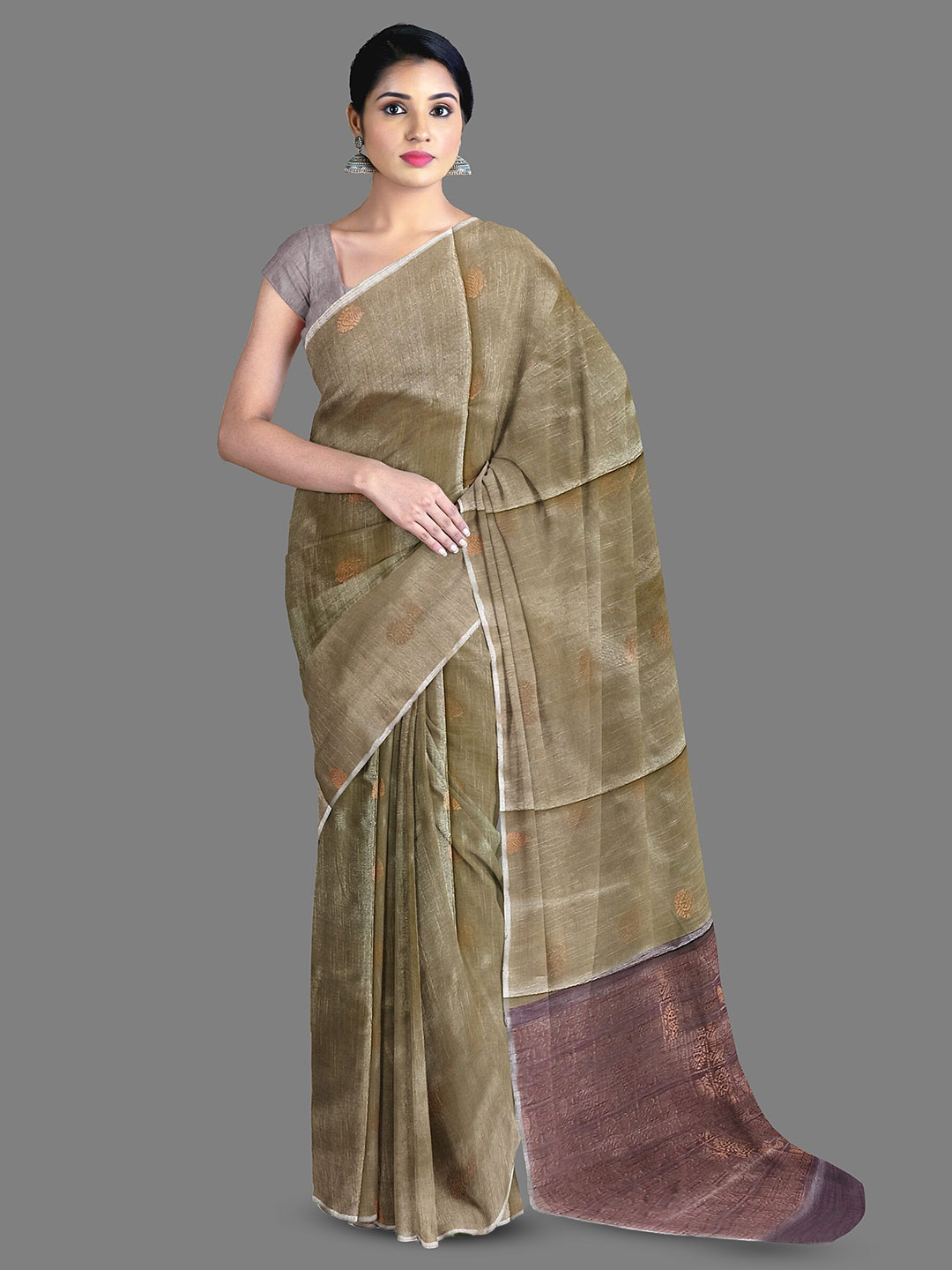 

The Chennai Silks Ethnic Motifs Woven Design Zari Silk Cotton Maheshwari Saree, Beige