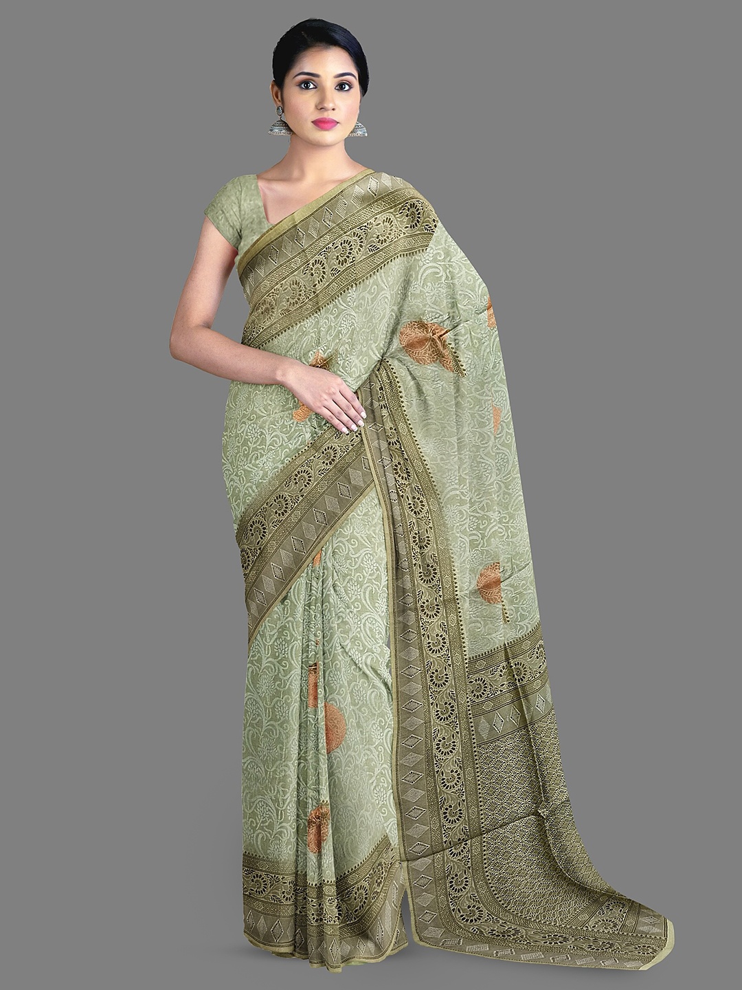 

The Chennai Silks Floral Woven Design Zari Banarasi Saree, Olive