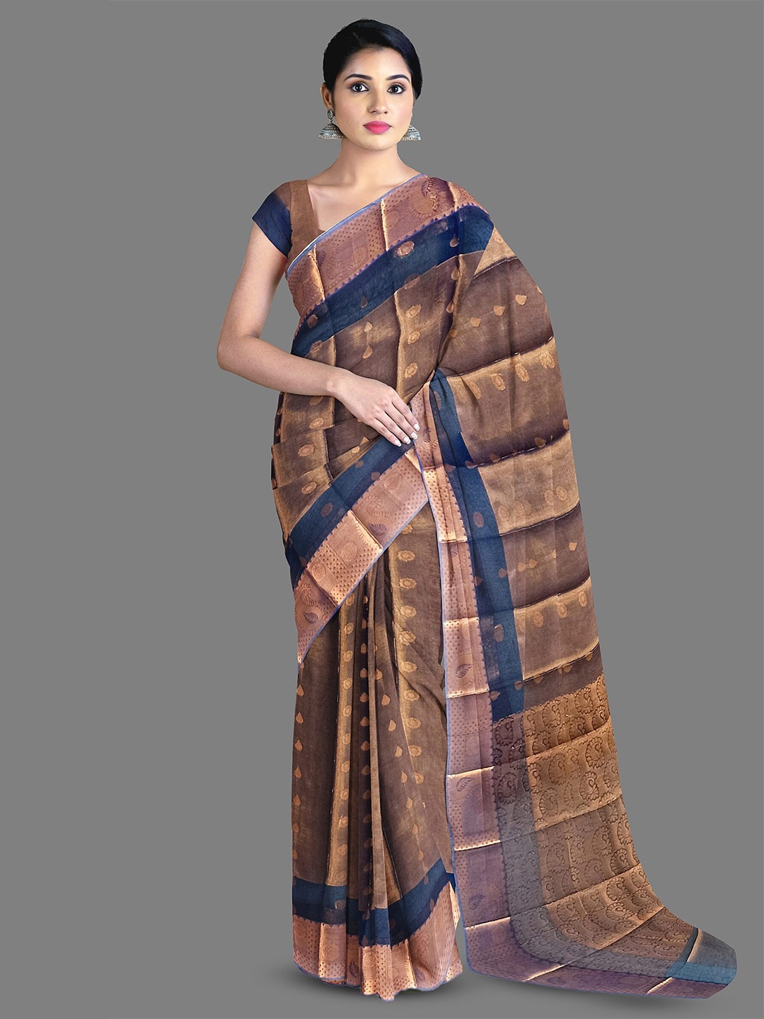 

The Chennai Silks Ethnic Motifs Woven Design Zari Silk Cotton Maheshwari Saree, Brown