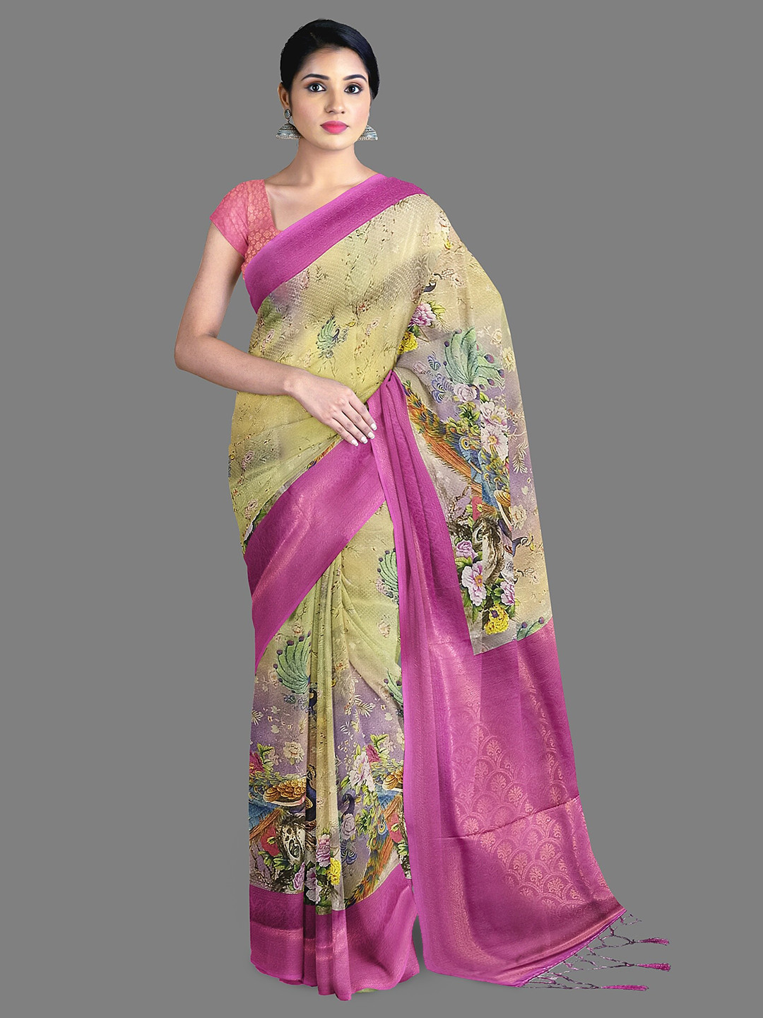 

The Chennai Silks Floral Printed Zari Saree, Green