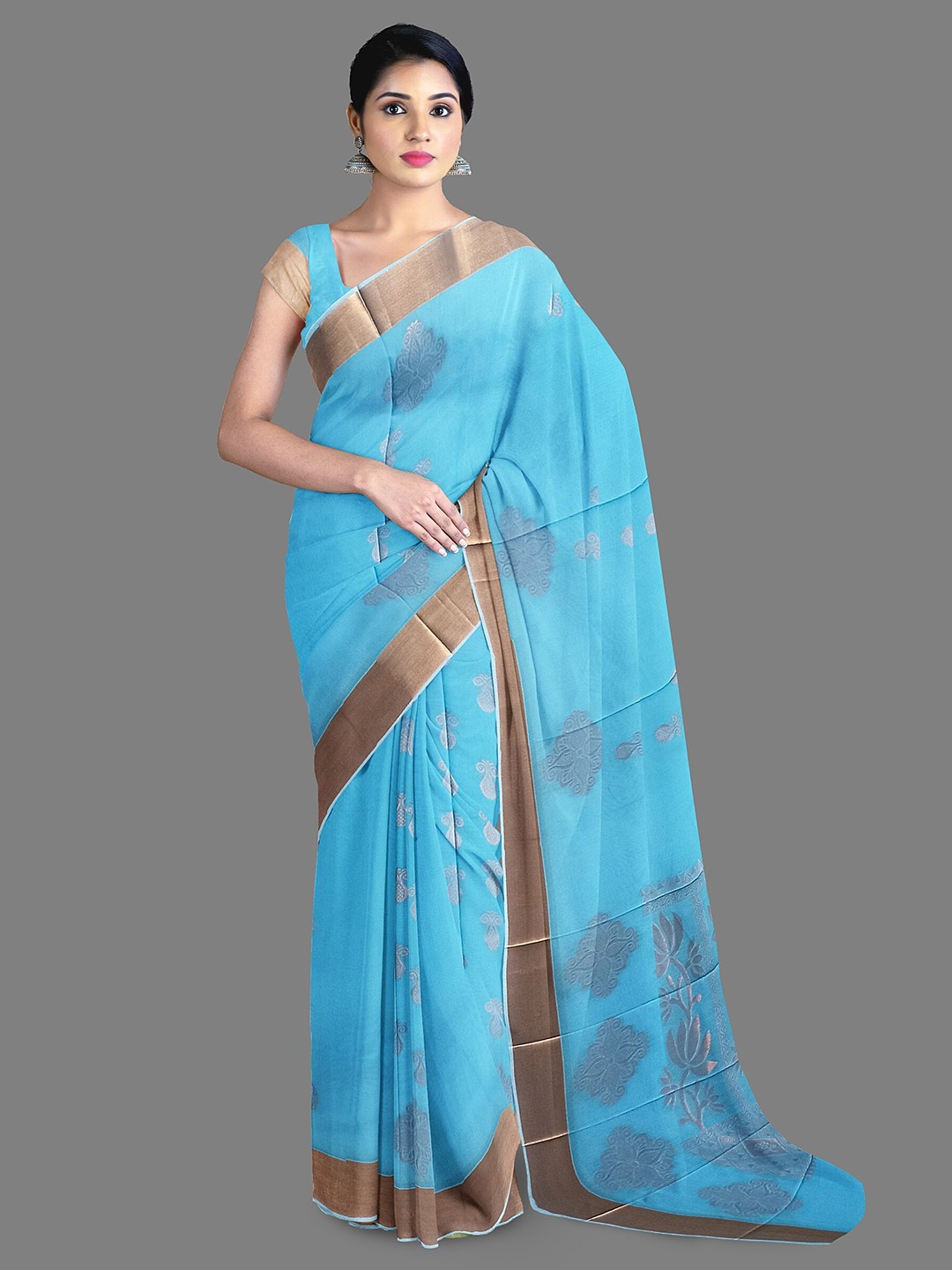 

The Chennai Silks Ethnic Motifs Woven Design Zari Silk Cotton Maheshwari Saree, Blue