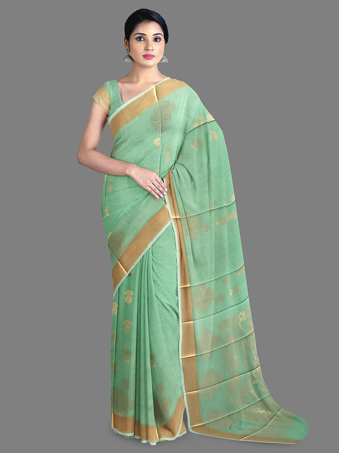 

The Chennai Silks Ethnic Motifs Woven Design Zari Silk Cotton Maheshwari Saree, Green