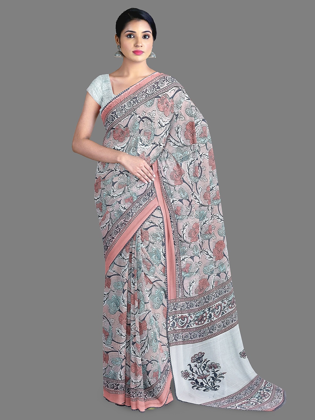 

The Chennai Silks Floral Printed Pure Cotton Kanjeevaram Saree, Peach