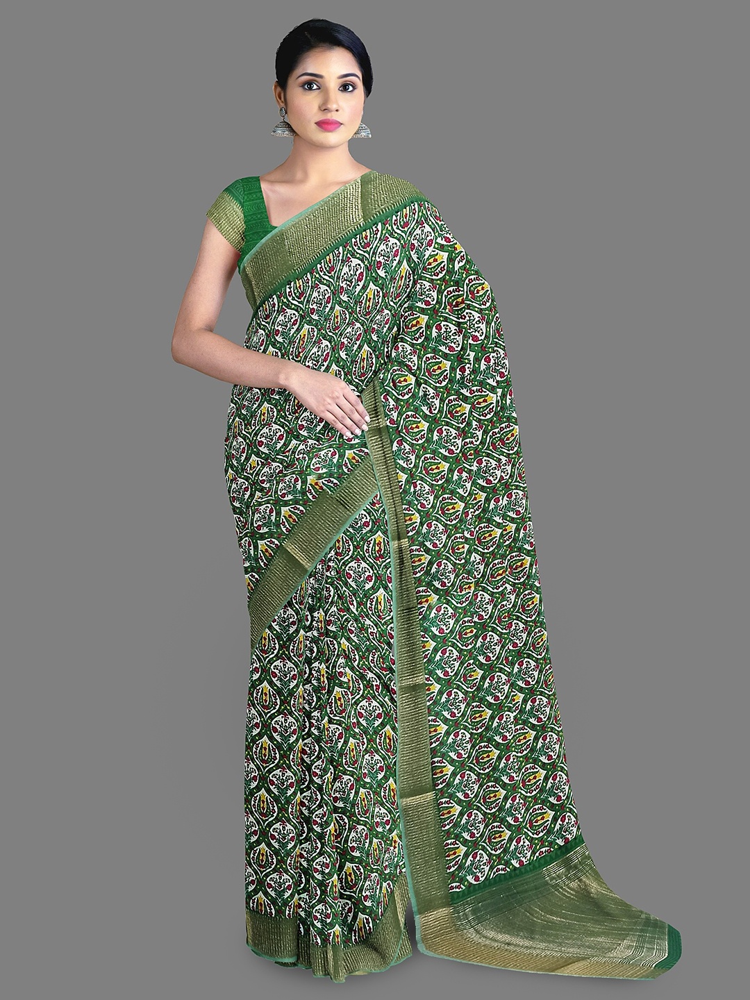

The Chennai Silks Floral Printed Zari Saree, Green
