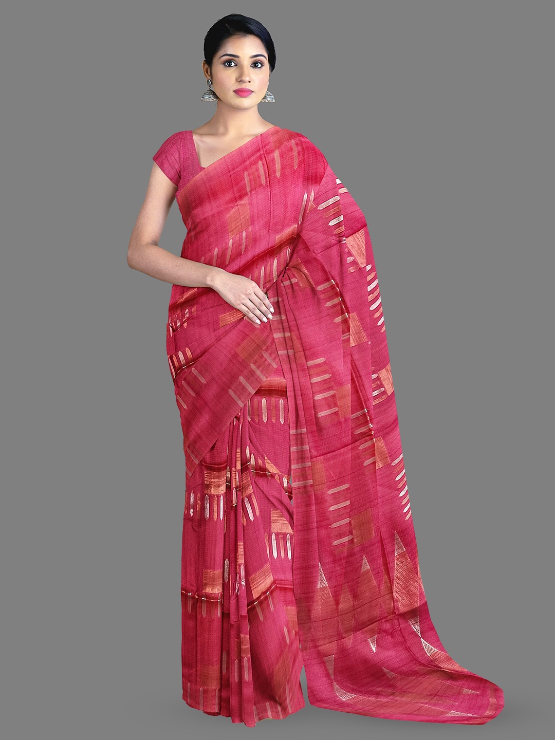 

The Chennai Silks Geometric Printed Jute Cotton Saree, Coral