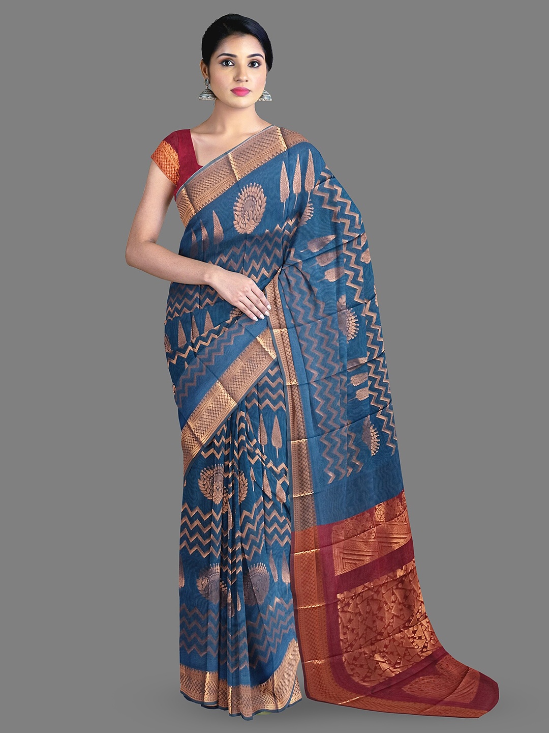 

The Chennai Silks Ethnic Motifs Woven Design Zari Silk Cotton Maheshwari Saree, Blue