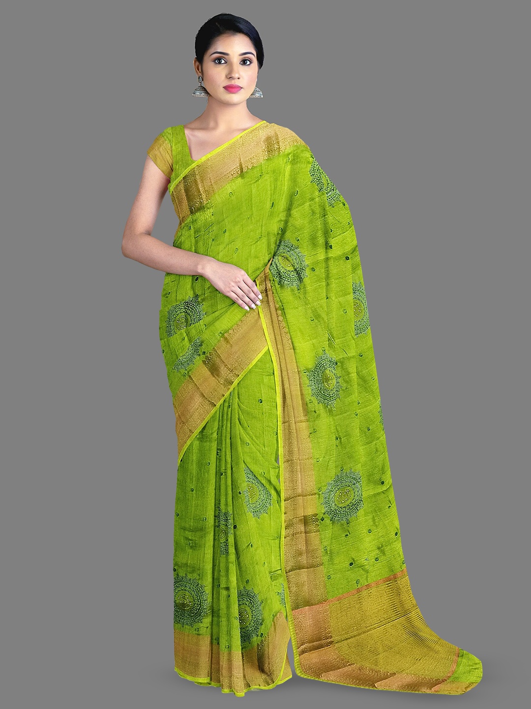 

The Chennai Silks Ethnic Motifs Zari Jute Cotton Saree, Green