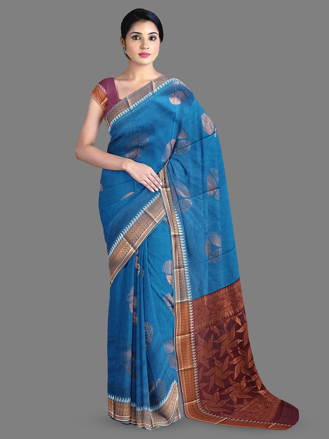 

The Chennai Silks Ethnic Motifs Woven Design Zari Silk Cotton Maheshwari Saree, Blue