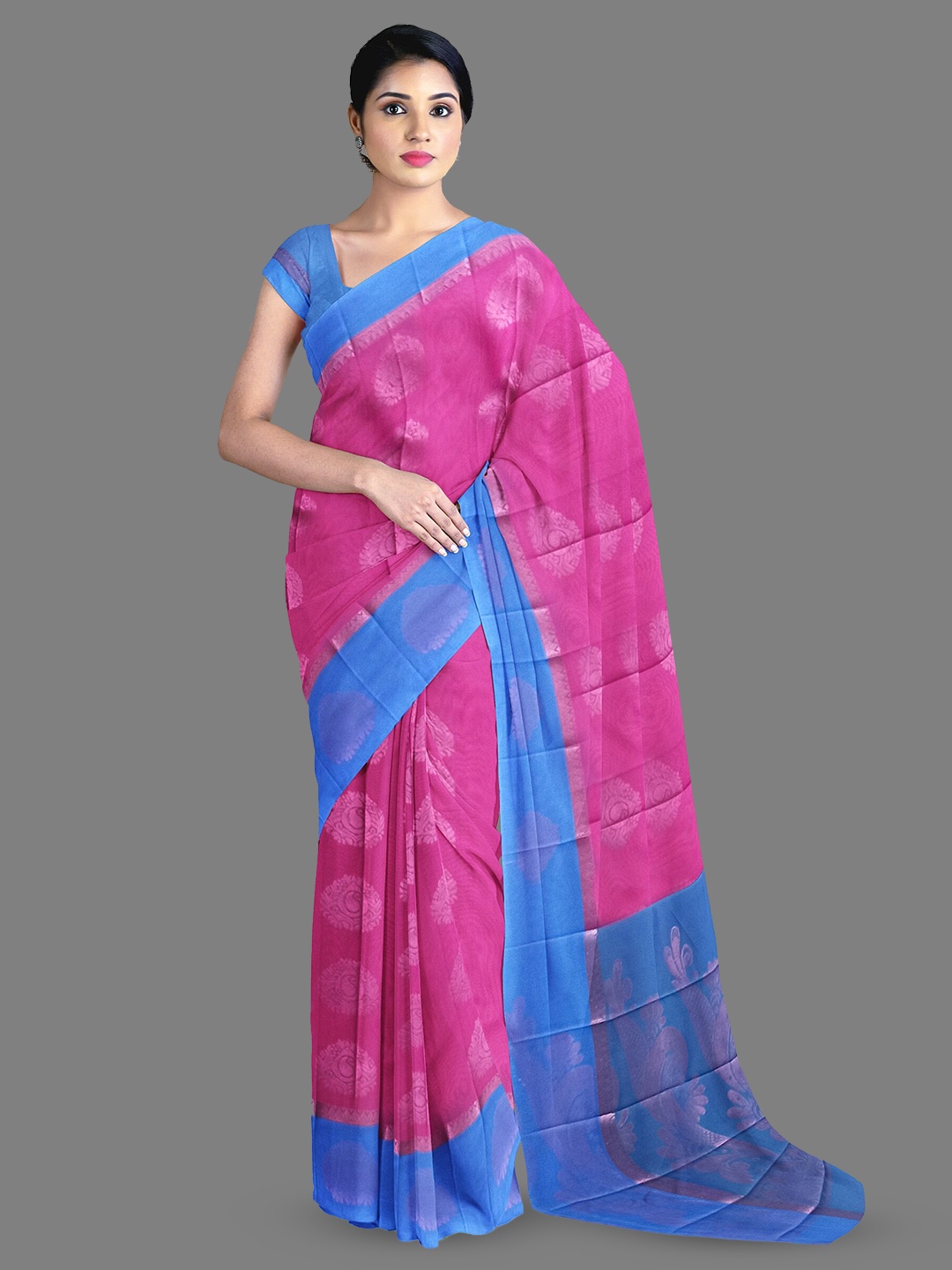 

The Chennai Silks Ethnic Motifs Woven Design Zari Silk Cotton Maheshwari Saree, Pink