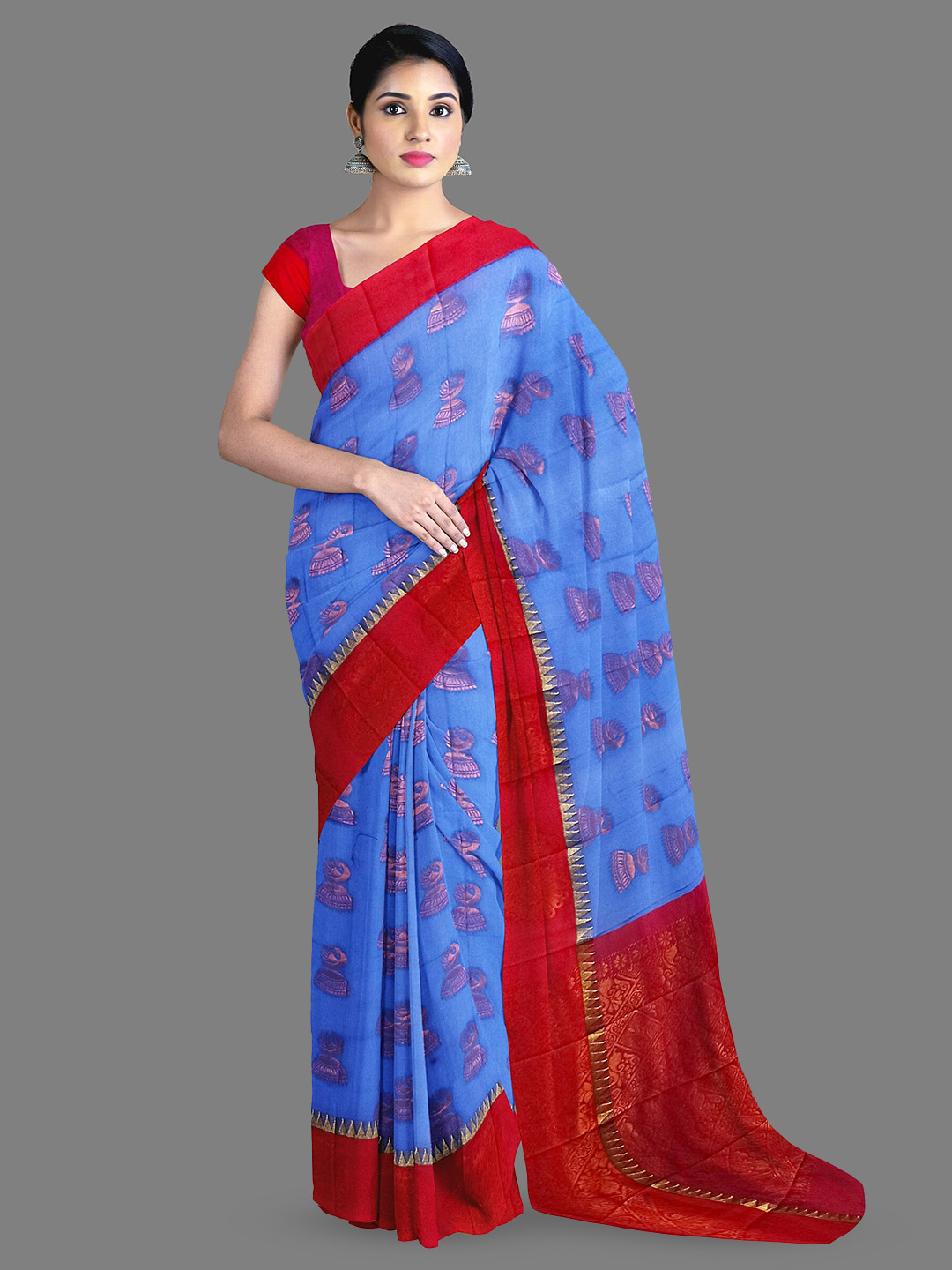 

The Chennai Silks Ethnic Motifs Printed Zari Silk Cotton Maheshwari Saree, Blue