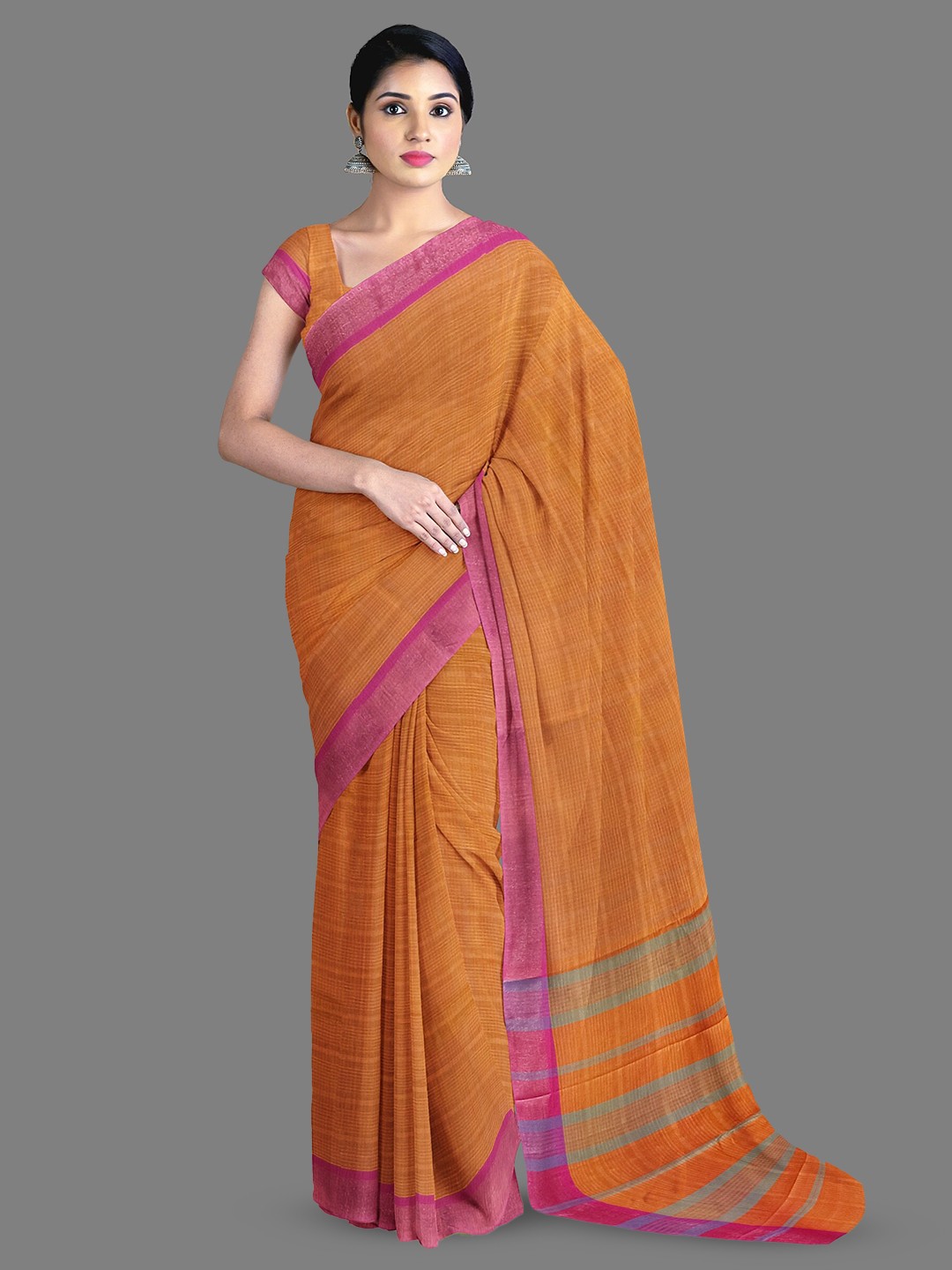 

The Chennai Silks Striped Zari Pure Cotton Narayan Peth Saree, Orange